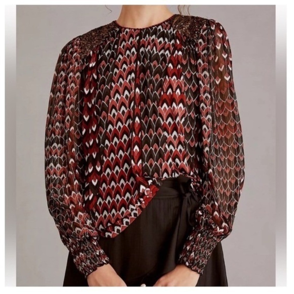 Anthropologie Blank London Sequin Shoulder‎ Blouse Top Geo Print Long Sleeve